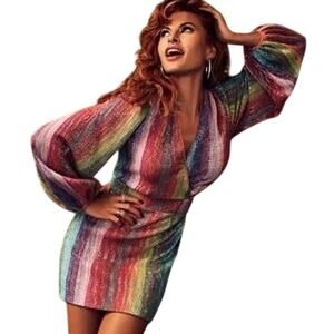 Eva Mendes Rainbow Stripe Sequin Sparkle Long Sleeve Party Mini Dress Size L